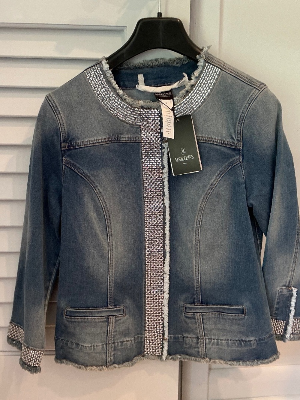 Madeleine distressed embellished denim jacket Size 8 NWT